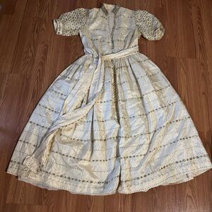 Vintage Y2k Silk Polka Dot‎ Gold Shimmer Puff Short Sleeve Midi Dress Victorian